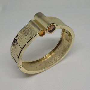 GOLD TONE Textured Hinged Cuff Bracelet With Amber Tone Jewels